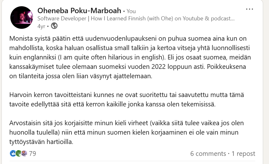My LinkedIn announcement: Finnish for 2022